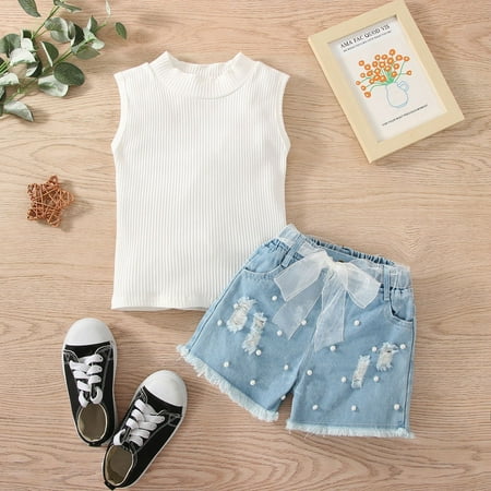 

nsendm Toddler Kids Baby Girl Sleeveless Vest Ribbed T Shirt Tops Denim Ripped Jeans Shorts 2pcs Set Ruffle Pants for Babies Childrenscostume White 12-18 Months