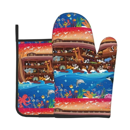 

Tebeau Animals On Noah s Ark2 Print Oven Mitts and Pan Racks 2-Piece Set Kitchen Oven Mitts and Pan Racks Heat Resistant 500 °F for Baking and Cooking