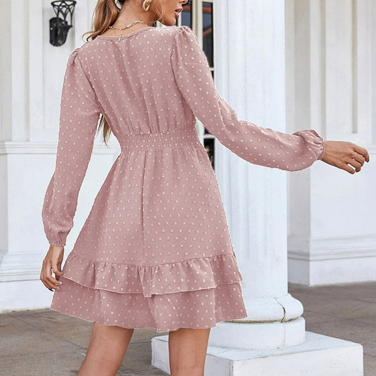 Sayhi White Dresses for Women Sweet Cute V Neck Ruffle Short Sleeve Sun Dress Loose Chiffon Summer Ruffle Dress