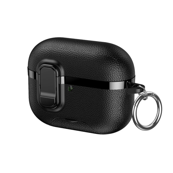 ELEHOLD For Airpods 4th Gen Rugged Case , Shockproof Secure Lock Leather Protective Case with Keychain Stand Bracket, Black