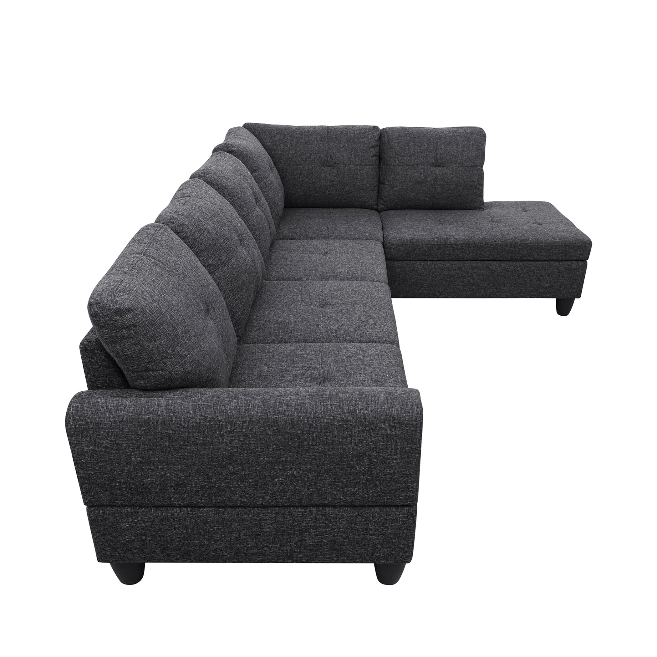 Aukfa 97" Classic Sectional Sofa 4 Seat L shape Couch with Oversized Right Chaise for Living Room, 2Pillows, Linen, Black Gray