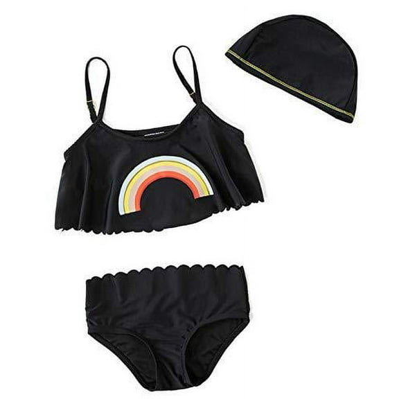 Styles I Love Little Girls Rainbow Scalloped Edging Bikini Swimsuit with Swim Hat 3pcs Bathing Suit Beach Swimwear