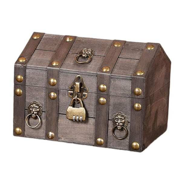 Cofre del tesoro pirata con tapa abatible y caja de madera codificada. Gris