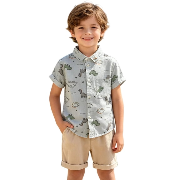 Baby Boy Outfits Dinosaur Print Mock Neck Short Sleeve Button Shirt Top And Shorts 2 Piece Daily Wear Baby Boys' Clothing Sets