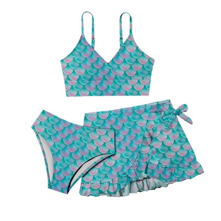 Toimothcn Girls Swimsuits Sleeveless Casual Colorful Fish Scale Printed 3 Piece Bikini Set Quickly Dry Cover Up Swimwear 17-18 Years