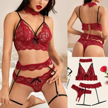 

Lingerie for Women Dqueduo Women Sexy Lace Wireless Bra Lingerie Set Thong With Garter Collar Sleepwear Valentines Day Gifts on Clearance