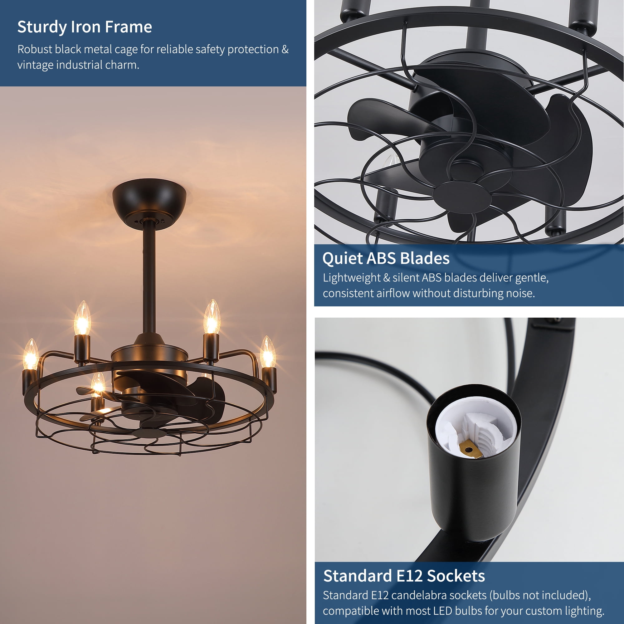 Leumius 20" Industrial Ceiling Fan with Lights, Farmhouse Fandelier with 6 E12 Sockets, Reversible DC Motor, 6 Speeds Remote Control Ceiling Fan for Dining Room Kitchen Bedroom Matte Black