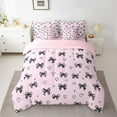 thumbnail image 2 of Manfei Black Pink Ribbon Bedding Comforter Set 7 Pieces for Kids, Kawaii Love Heart Full Bedding Set, Cartoon Princess Style Reversible Fitted Sheet Flat Sheet, Microfiber Bedroom Decor, 2 of 7