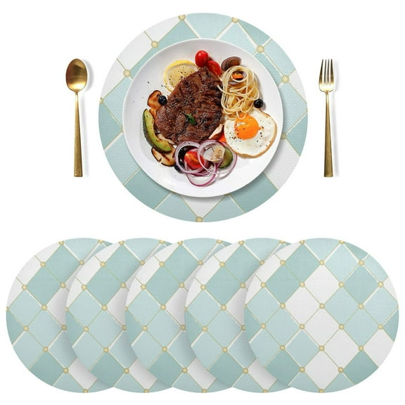 Round Placemats Plate Mats 15 Inch Non-Slip Heat Resistant Washable PVC Set Table Decoration for Kitchen Dining Pastel Teal Diamond Plaid