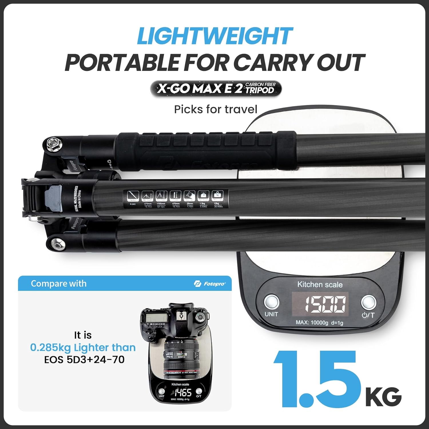 Fotopro 67" Carbon Fiber Camera Tripod with Dual Panoramic Ball Head, Detachable Monopod, Compact Lightweight Travel Tripod with QR Plate for 70-200 Lens, Max Load 12kg/26 lbs, X-Go Max E 2