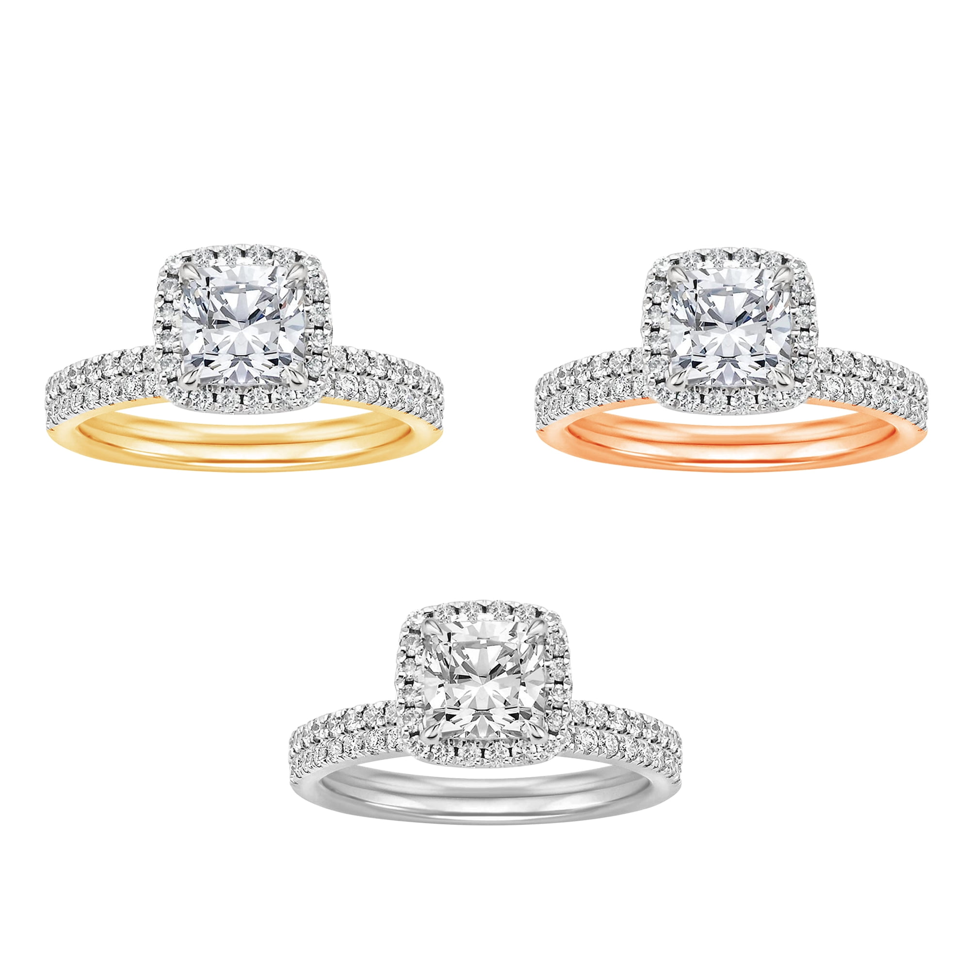 Arista 2 Carat T.W. Cushion Swarovski Diamond Halo Bridal Set in Pink Plated Sterling Silver