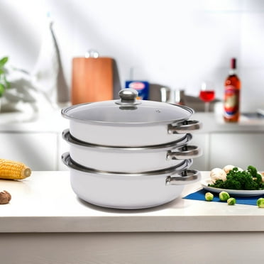 3-Tier Stainless Steel Steamer 12.8in Cooking Steam Pot Silver Multi-layer Food Steamer Pot with Transparent Lid, Encrypted Steaming Holes Ideal for Steaming Various foods on the Top Tier