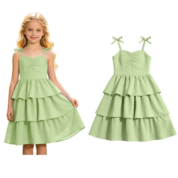 Girls Dresses Spaghetti Strap Layered Ruffle Flared Swing Dress Kids Dresses 9-10 Years