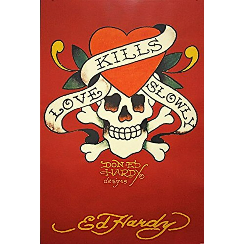 Ed Hardy Love Kills Slowly red background 36x24 Tattoo Art Print Poster ...
