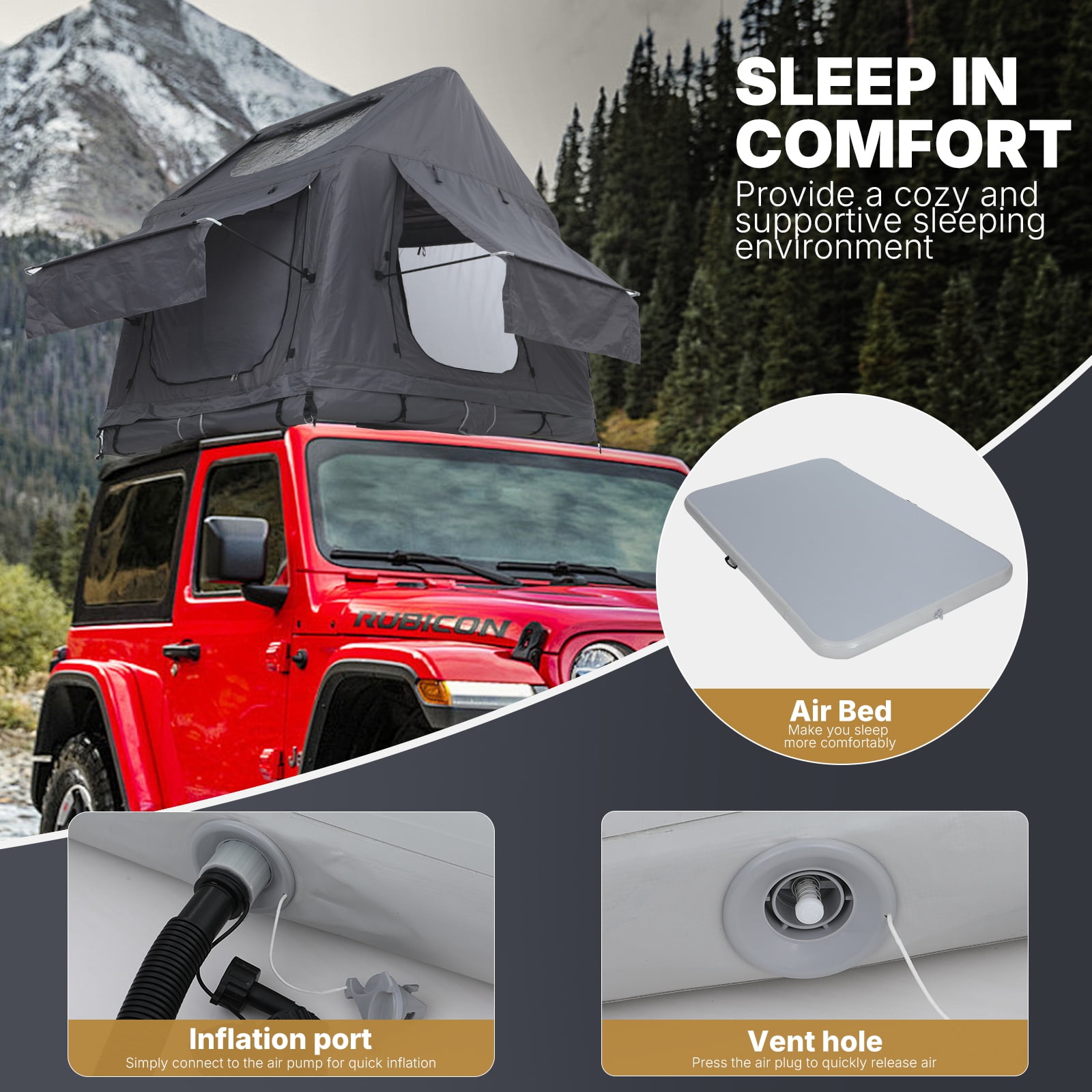 Inflatable Rooftop Tent with Air Mattress & Ladder, Waterproof Windproof Pop-Up SUV Truck Car Camping Tent with Air Pump for Overland & Outdoor Camping (Black & Grey)
