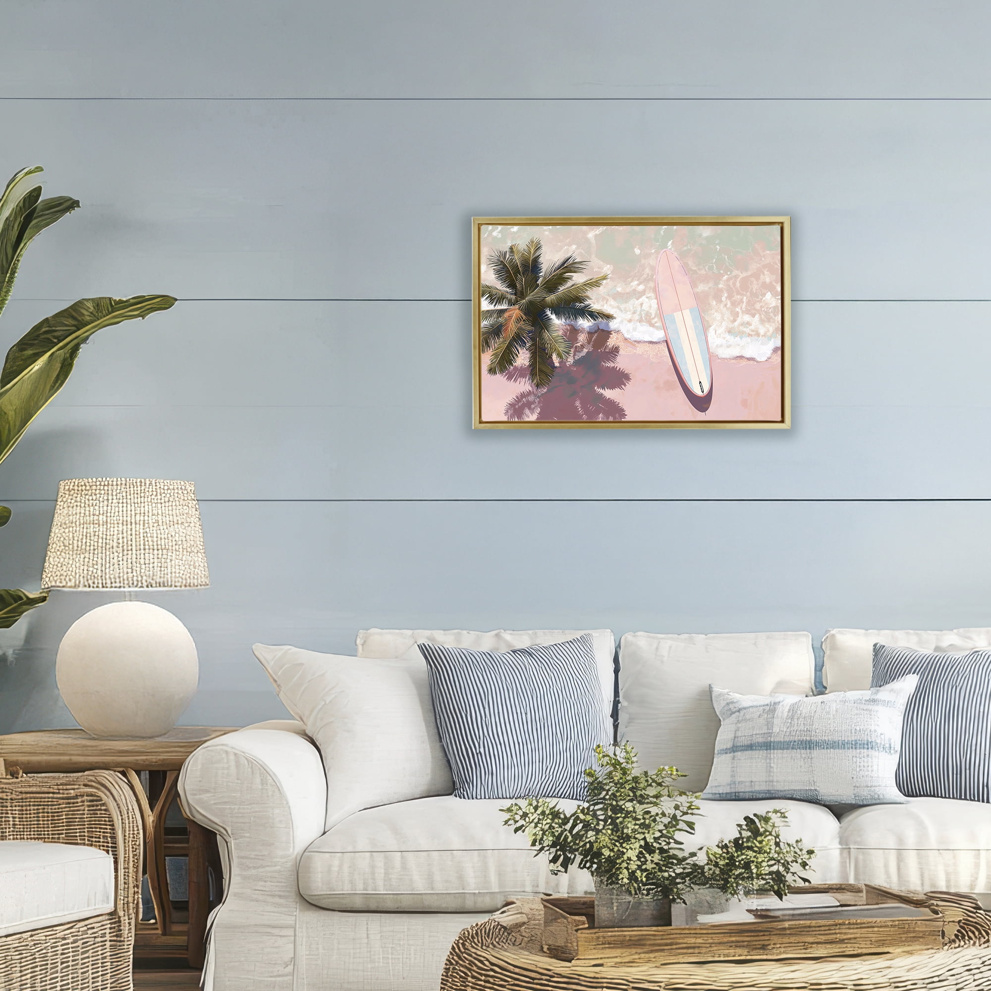 Stupell Industries Blush Pink Surfboard & Palm Gold Framed Floater Canvas Wall Art, design by Jacky Ngan