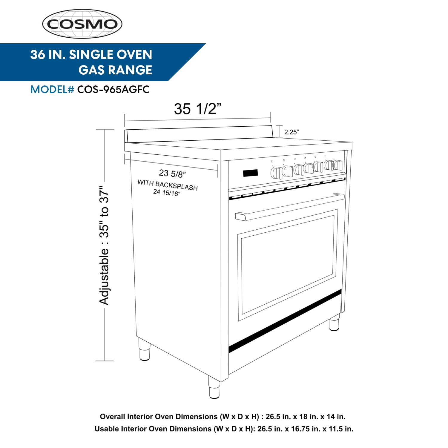 Cosmo 36 in. Nebula Collection 3.8 cu. ft. Gas Range, 5 Burners, Rapid Convection Oven, Cast Iron Grates in Stainless Steel
