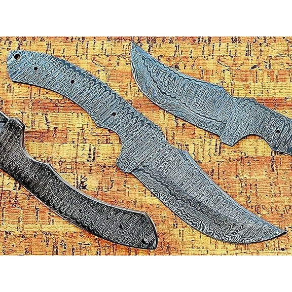 10 inches Long Hand Forged Ladder Pattern Damascus Steel Trailing Point Blank Blade Skinning Knife, 4.5" Long Sharp Cutting Edge, 5" Scale Space with 3 pins and a lace Hole