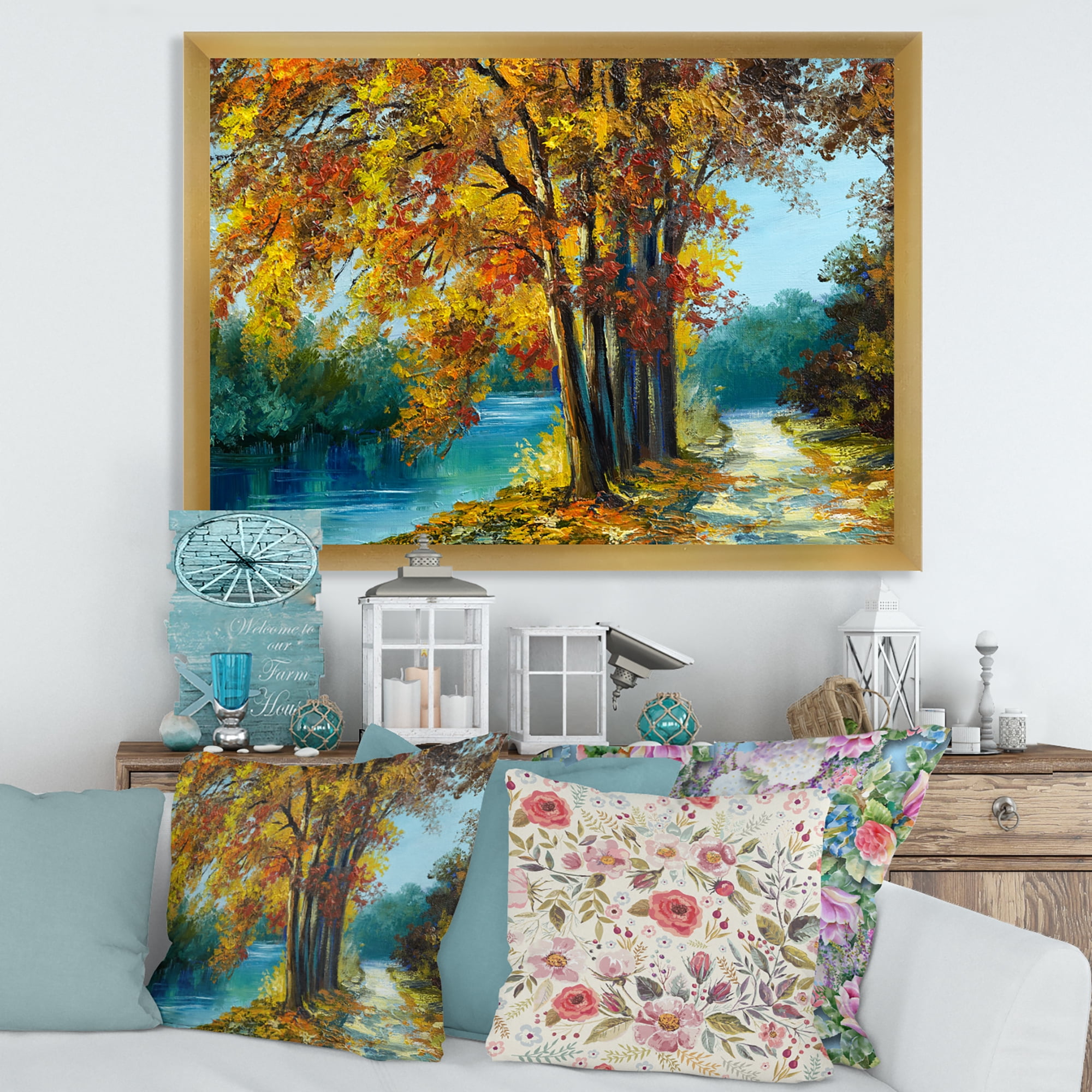 Designart 'Abstract Trees In Warm Autumn Colors By Bright Blue River' Traditional Framed Art Print