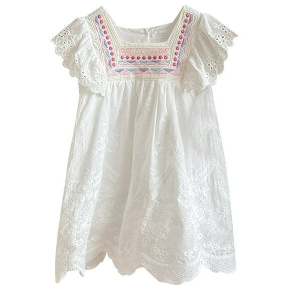 WOYY Girl's Lace Eyelet Ruffle Sleeveless Dress Summer Casual White Sundress, Sizes 2-10