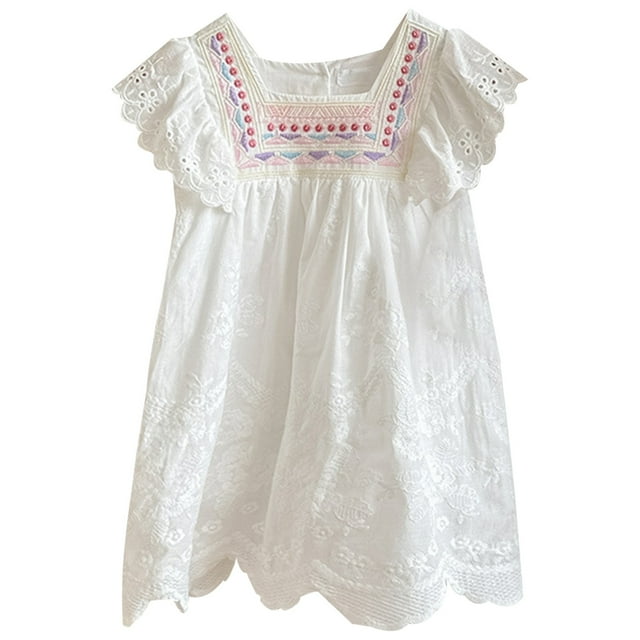 Robes d'Été pour Filles en Bas Âge Robe Sans Manches en Dentelle Florale avec Volants Tenue Décontractée pour Enfants Taille 2-3T