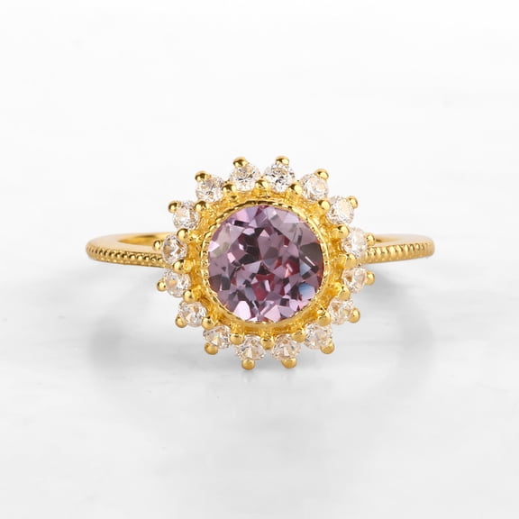 Round Alexandrite and Halo Diamond Anniversary Band Ring, 925 Starling Silver Ring, Art Deco Beads Band Ring, Beautfully Handmade Jewelry, June Birthstone Ring.