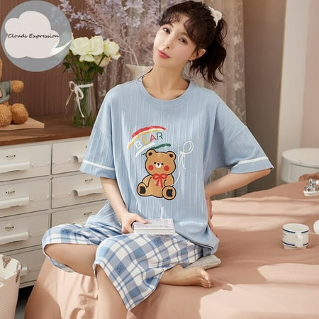 

QWZNDZGR Brand New Knitted Cotton Summer Short Sleeved Plus Size M-5XL Women Pajamas Set Pyjamas Women Sleepwear Cute Cartoon Pijamas