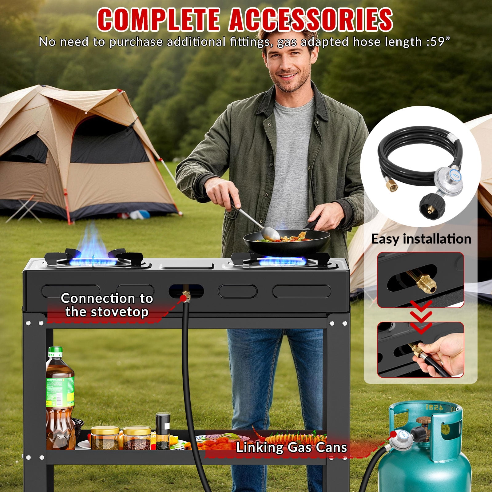 Propane Gas Stove, 2-Burner, Auto Ignition, Portable, Stainless Steel, 19000 BTU/hr, Perfect for Outdoor Kitchens