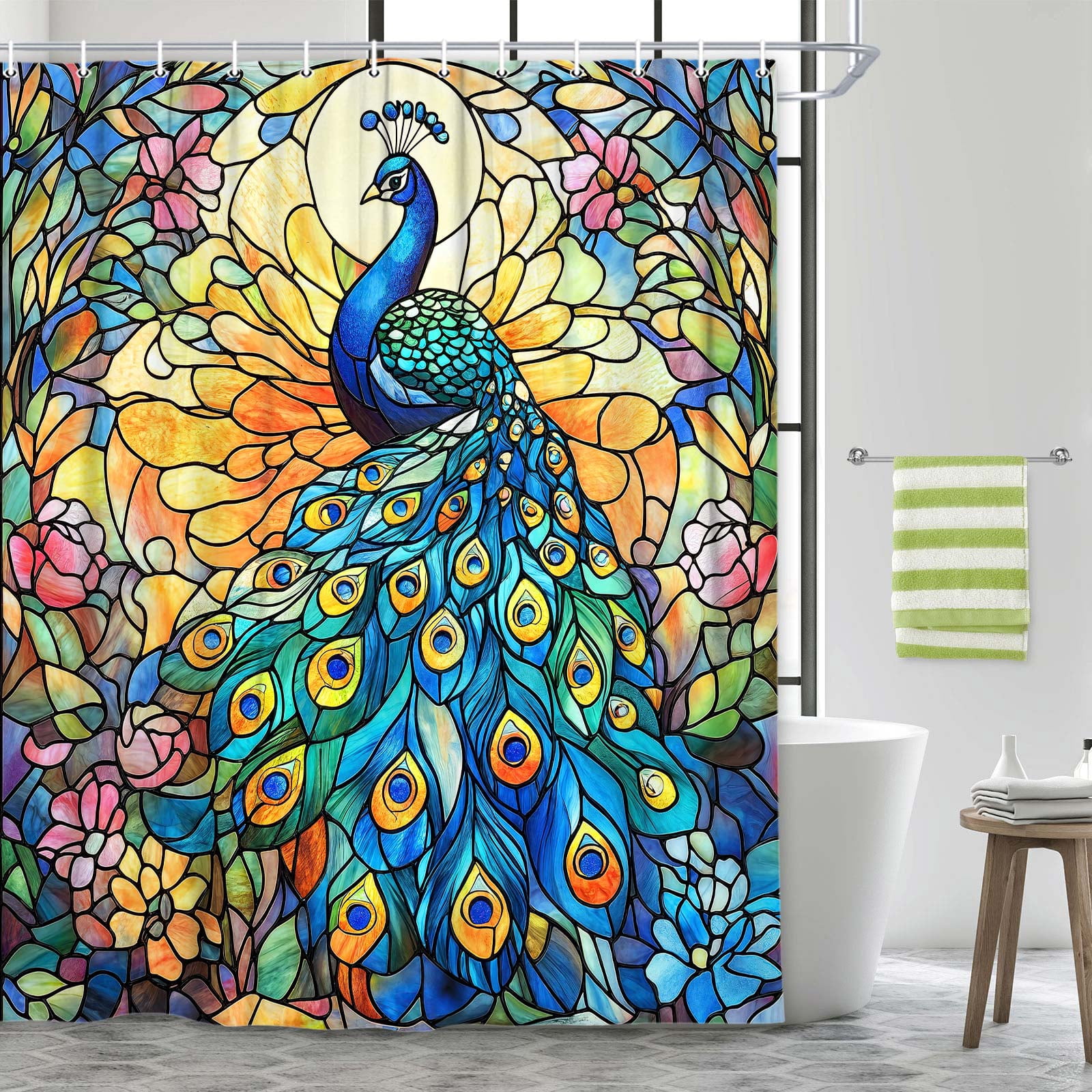 Peacock Shower Curtain,Boho Vibrant Stained Glass Design and Floral Fabric Shower Curtains Set for Bathroom Decorative,Colorful Vintage Restroom Decor Accessories with Hooks, 70X78 IN