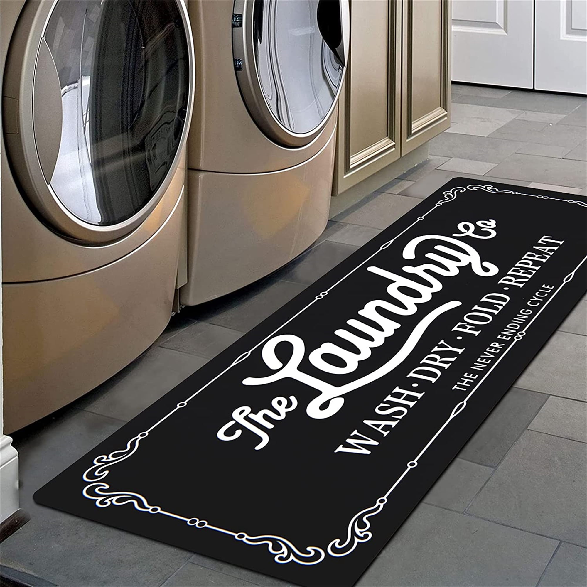 Findosom 20"x60" Farmhouse Laundry Room Rug Non Slip Rubber Laundry Runner Rug Waterproof Washable Indoor Laundry Rugs and Mats for Kitchen Floor Laundry Room Bathroom Hallway Entryway Decor Black