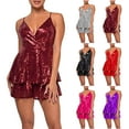thumbnail image 6 of Lovskoo Womens Sequins Sparkly Rompers Solid Color V Neck Backless Flowy Jumpsuit Sleeveless Camisole Jumpsuit Shorts Claret, 6 of 6