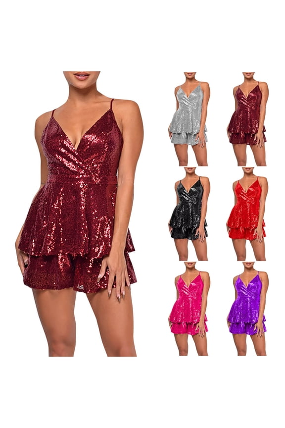 Women's Solid Color Deep V-Neck Backless Jumpsuit Skort Sleeveless Sequin Camisole Romper Shorts