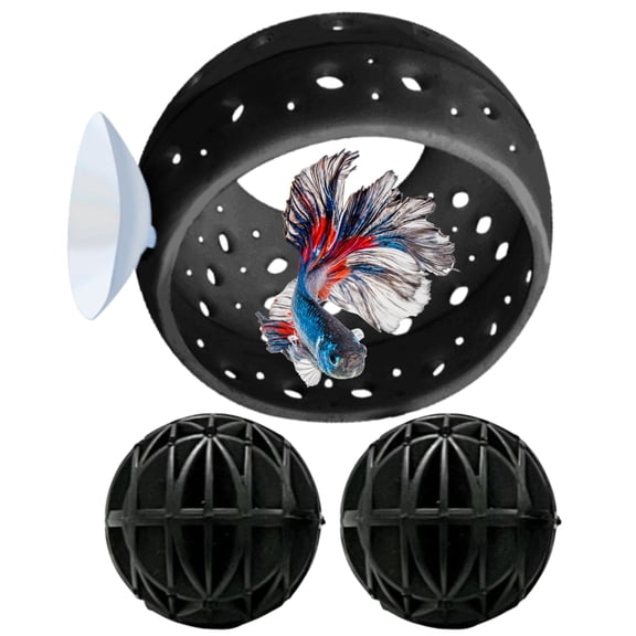 Betta Hideout Resting Spot with Filter Ball, Floating Log for Betta Fish with Suction Cup, Betta Resting Spot Tunnel and Aquarium Accessories, Black