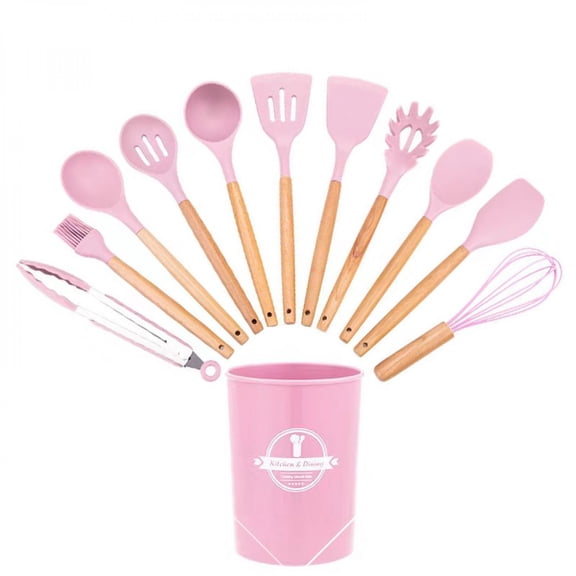 WISOLT Pink Silicone Kitchen Utensils Set - 12 Pieces with Wooden Handles & Storage Bucket, Heat-Resistant for Non-Stick Cookware.