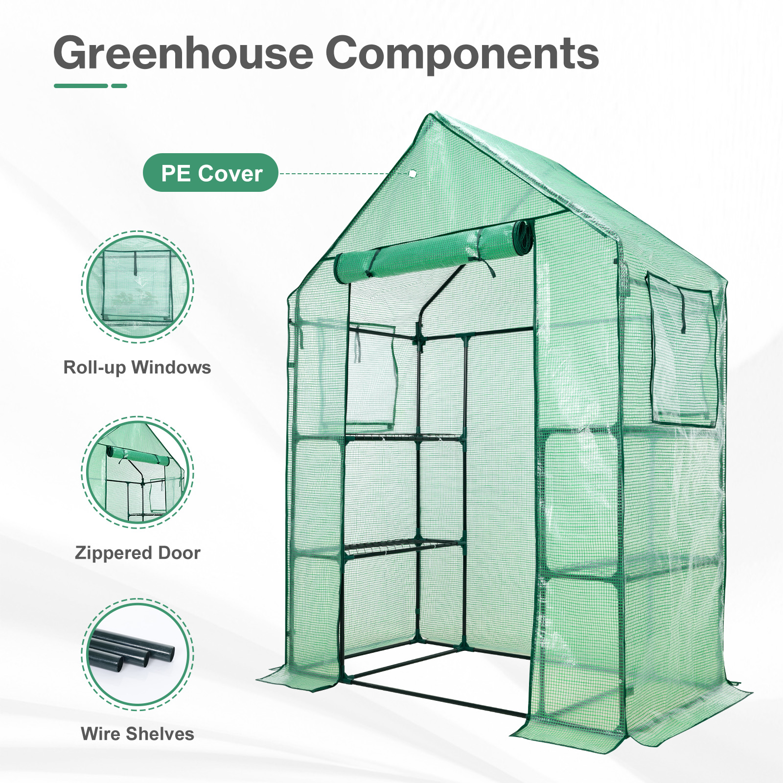 Aoodor Walk-in Greenhouse with 4 Shelves, 4.7×2.5×6.4 ft Outdoor Garden Plant House with PE Cover for Growing Vegetables, Flowers, Herbs