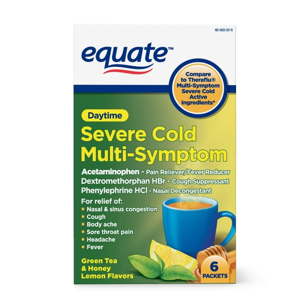 undefined | Equate Severe Cold & Flu Relief, Green Tea & Honey Lemon Flavors; Relieves Cough, Sore Throat Pain, Body Ache, Headache and Fever ,6 Ct