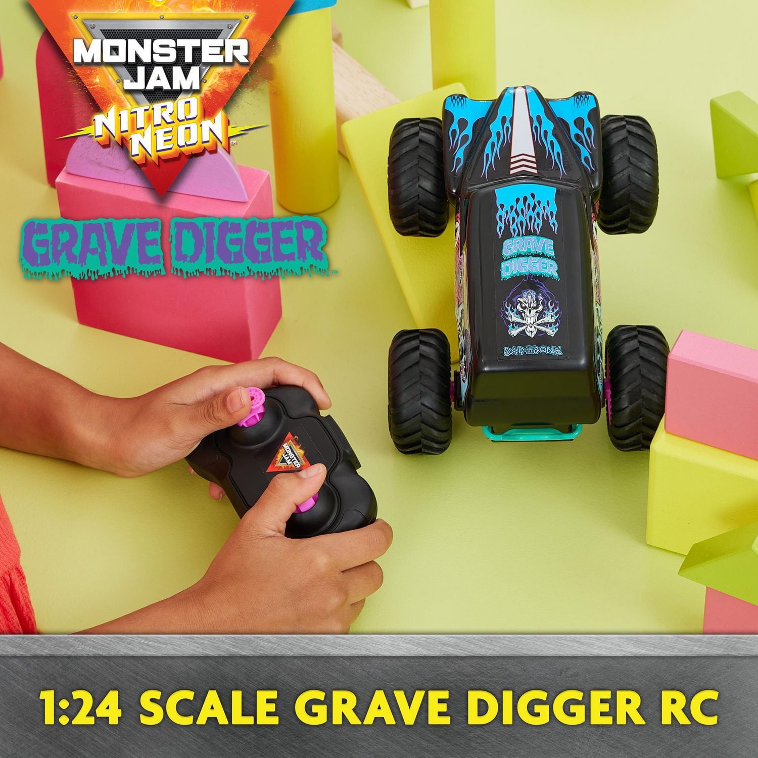 Monster Jam, Monster truck radiocommandé Grave Digger officiel à l'échelle 1:24, 2,4 GHz, thème Nitro Neon, jouets pour garçons et filles à partir de 4 ans