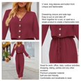 thumbnail image 3 of Traje de pantalón superior para mujer Manga larga Cuello en V Botón Cierre con cordón frontal Trajes de dos piezas Rojo vino XXL, 3 of 4