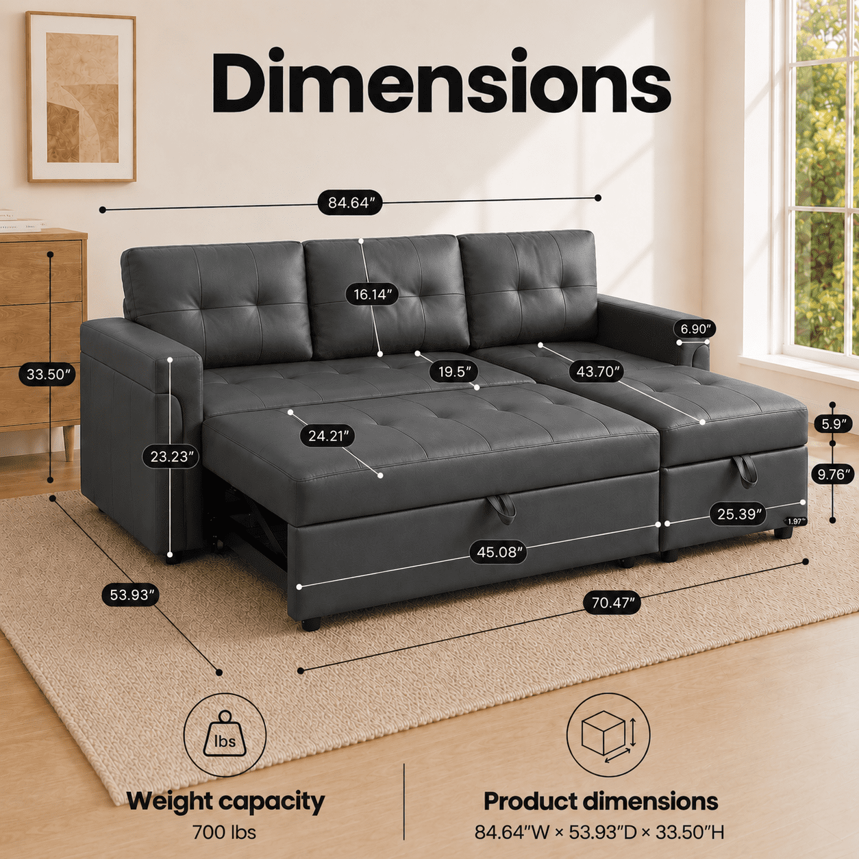 2-in-1 Pull-Out Sleeper Sofa Bed with Hidden Storage, Premium Air Leather Couch for Small Spaces, Apartments & Living Rooms, Dark Gray