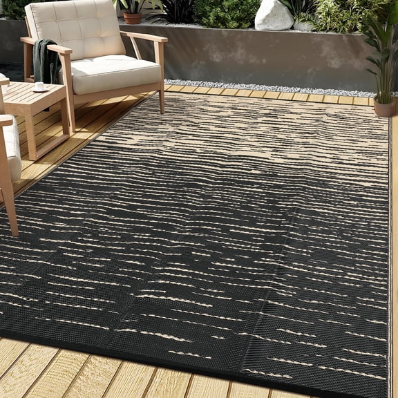 GlowSol 9x12 Outdoor Rug Waterproof - Plastic Straw RV Camping Rug, Foldable Reversible Patio Mat, Lightweight UV Resistant Carpet for Backyard Deck Picnic Beach Porch, Black Coffee Striped