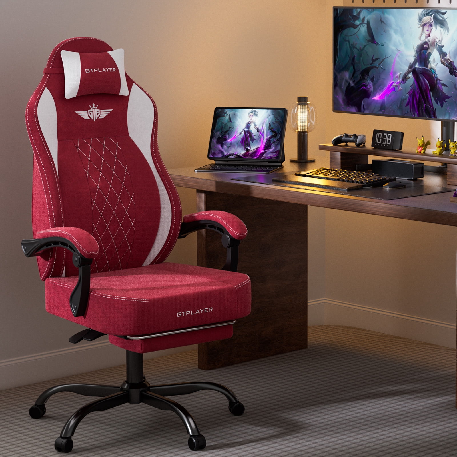 GTPLAYER Big and Tall Ergonomic High Back Breathable Fabric Gaming Computer Chair with Strong Lumbar Support and Footrest, Red