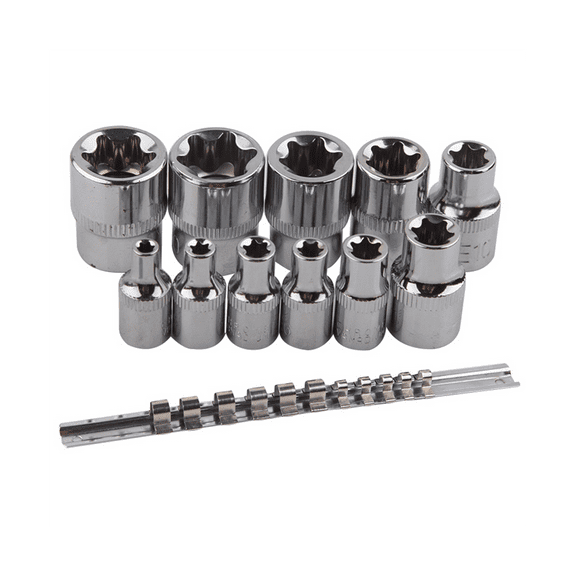 Female E-TORX Star Socket Set with Rail 11 Pcs External E4 - E20 Torque Alloy Steel