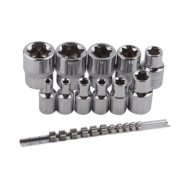 Juego de vasos de estrella E-TORX hembra con riel, 11 piezas, juego de vasos de estrella externos hembra E4 - E20, juego de vasos dinamométricos de acero de aleación