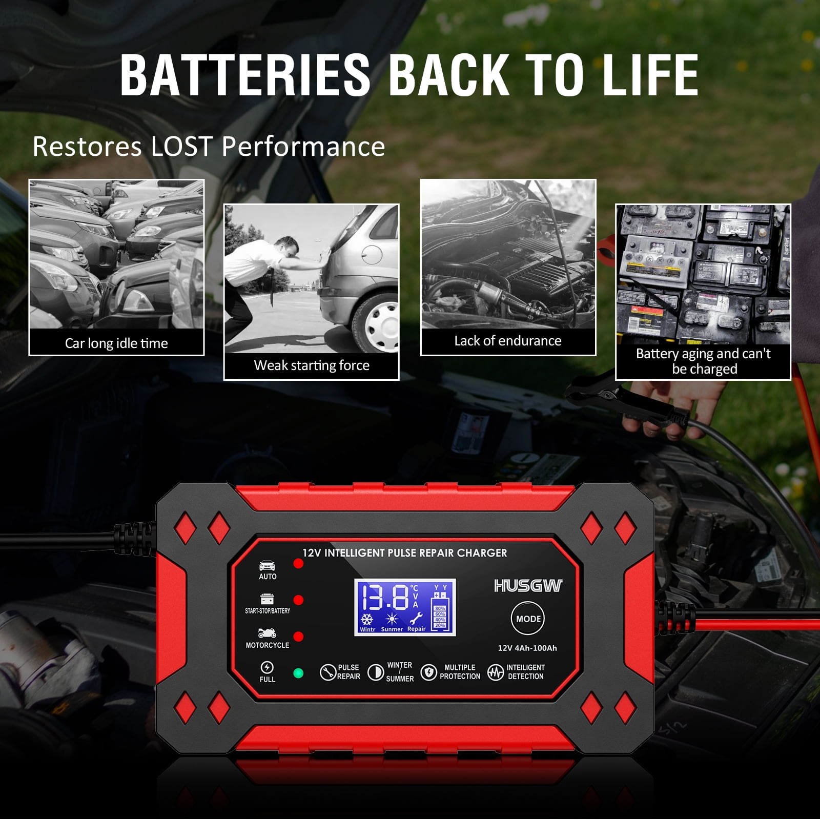 HUSGW 12V6A Car And Motorcycle Battery Charger Lead-Acid Battery Smart Charger Battery Repair Activation Charger