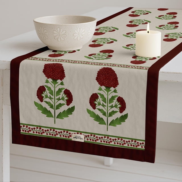 Vargottam Floral Print Cotton Table Runner by Vargottam - Double Layer with Border - Washable Runner - Decorative Table Linen for Dining & Everyday Use