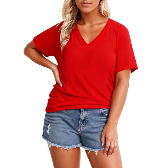 Tiweut Women's Plus Size V Neck T Shirts Summer Half Sleeve Tees Casual Loose Fit Cotton Tunic Tops,Red