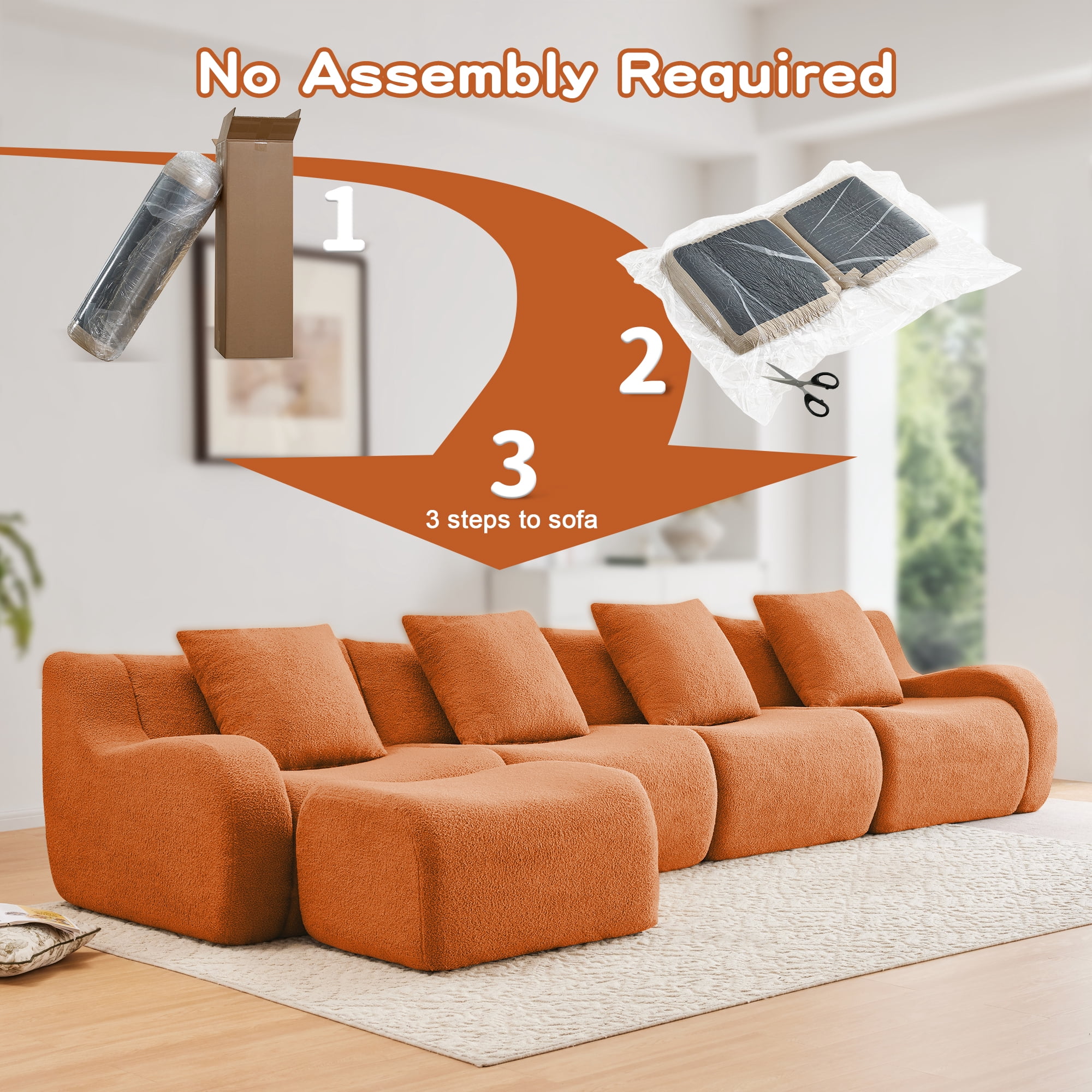 MAYEERTY 148" U-Shaped Teddy Fabric 4-Seat Boneless Sofa, Orange 300lbs/seat 32D Foam No Assembly Couch with Chaise for Living Room Study