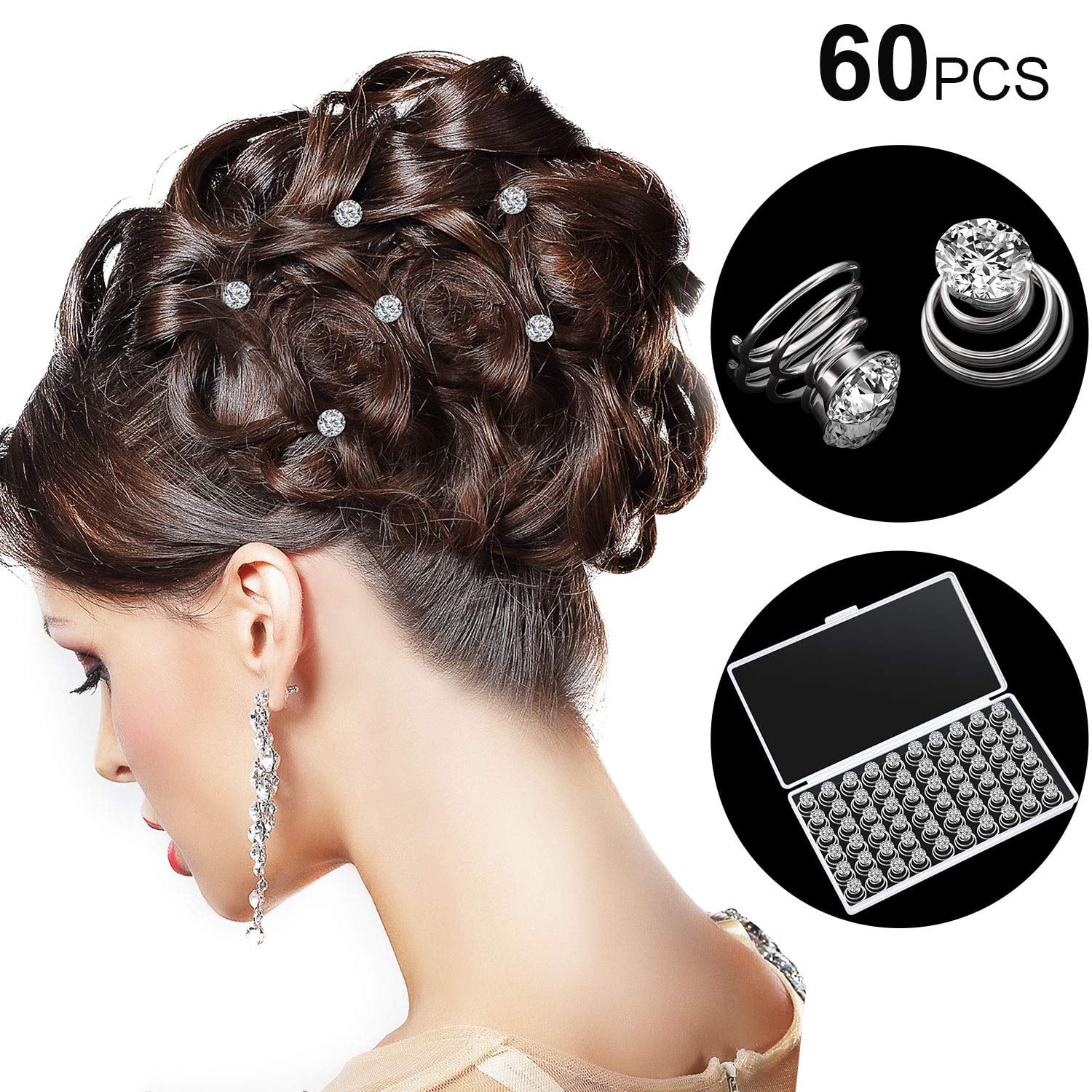 60 Pieces Rhinestone Crystal Twisters Set Spiral Hair Pin Silver Coil for  Wedding, Bridal, Prom, Party and Special Occasion with Clear Container -  