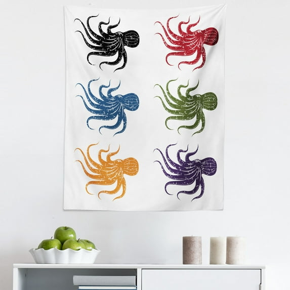 Octopus Tapestry, Composition Grunge Sea Nautical Aquatic Under Water Life Nature Art, Fabric Wall Hanging Decor for Bedroom Living Room Dorm, 5 Sizes, Burgundy Green Black, by Ambesonne