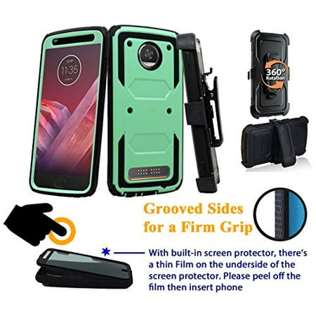 for 5.5" Motorola moto Z2 Play Z2 Force z2play z2force case Phone Case 360° Cover Screen Protector Clip Holster Kick Stand Grip Sides Armor Teal